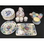 Mixed china which comprises: 10 early Staffordshire hand painted plates, 5 Royal Crown Derby cups, 6