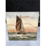 A painted tile of a yacht in seascape.