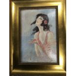 A portrait of a young woman in oil on panel in gilded frame, 7.5" x 9.5" signature indistinct,