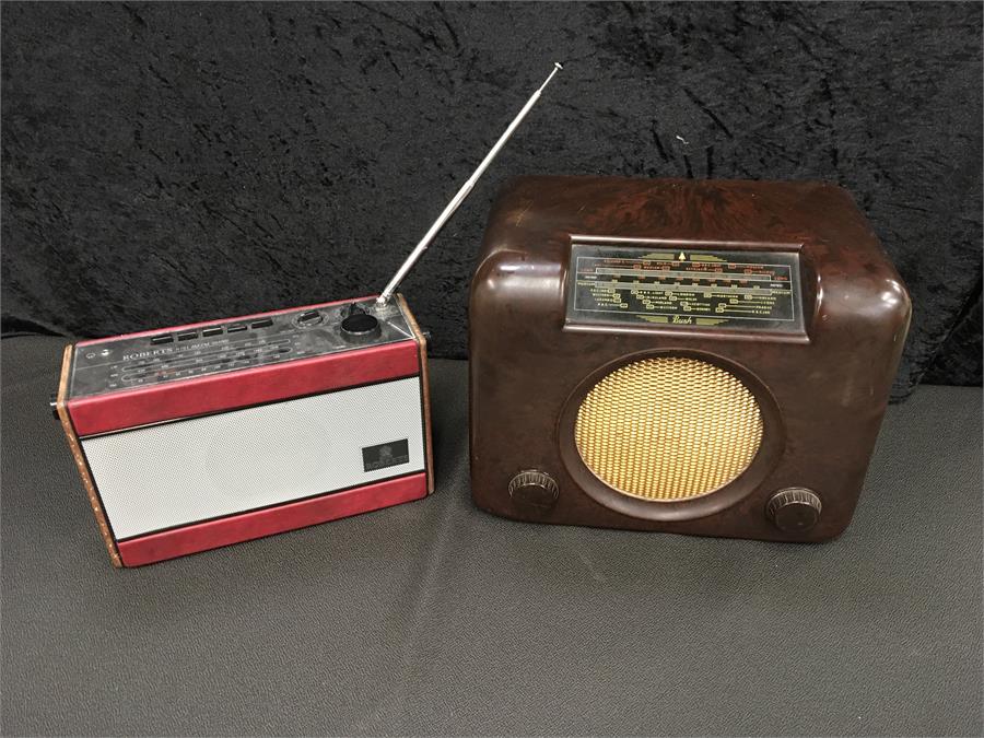 A vintage Bush 1950's Bakelite radio together with a retro Roberts radio.