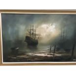 A painting on canvas of Ships in fog.