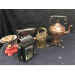 A box of scales, railway lamp, kettle and hot water jug together with a brass coal scuttle.