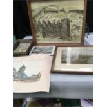 Five pictures: A watercolour of Fishing Boats in Harbour with four others including a print of