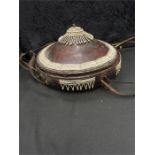 A West African leather covered raffia lidded shallow container with metal beading. Possibly Fulani