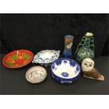 Mixed various china to include a Poole Pottery charger, owl sculpture and others.