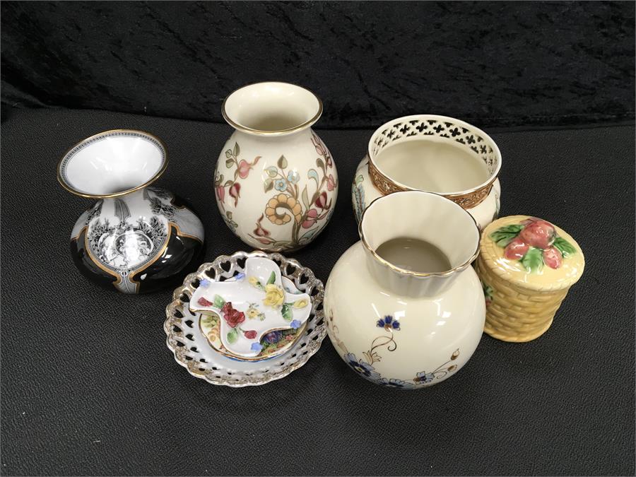 A Bohemian blue decanter with five glasses together two other glass decanters and other various - Image 2 of 2