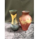 Two Galle style glass vases with etched rural scenes.