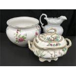 A jardiniere together with a lidded twin handled pot and large white jug.