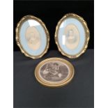 Two watercolour portraits of children in oval frames together with a Bartolotti print of children.