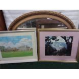 A gilt framed mirror together with two framed pictures.