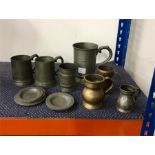 Various pewter tankards and trays.