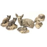 Poole Pottery Barbara Linley Adams large faw, two foxes, medium owl & puppy with slipper.