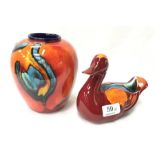 Poole Pottery living glaze duck 6" plus 16cm peacock ginger vase.