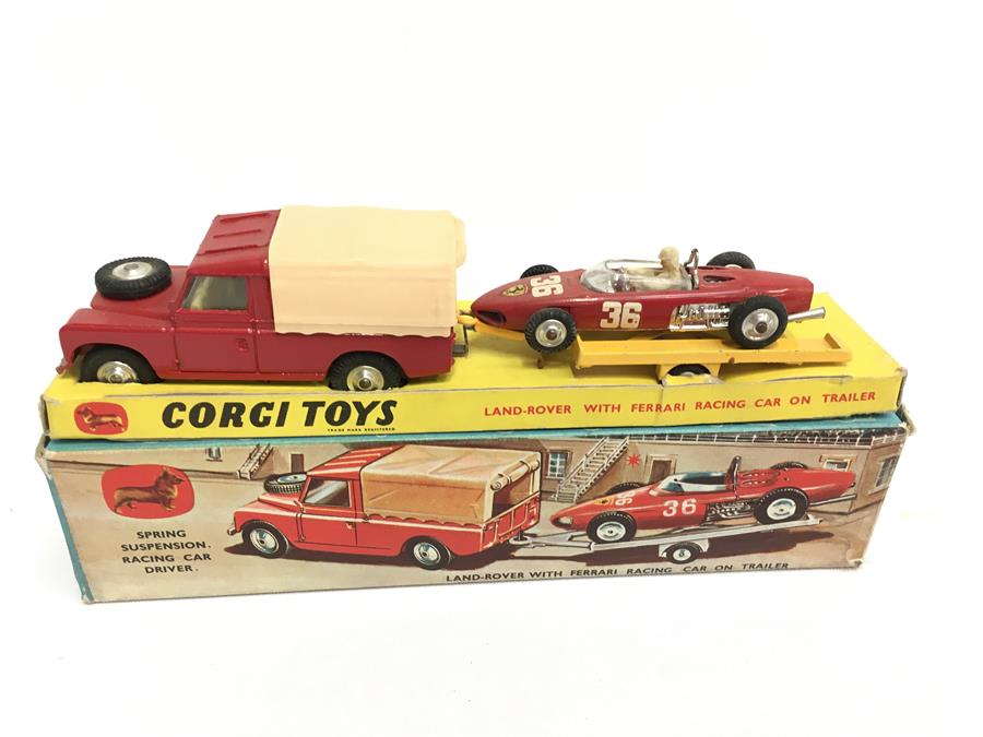 Corgi Toys Gift Set 17 Land-Rover with Ferrari Racing Car on Trailer. Overall G in G box with