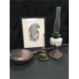 Two oil lamps, one with a milk glass reservoir, a copper warming pan and a picture of an elderly