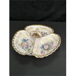 A Sigmund Paul Meyer 3 division hors d'oeuvres dish painted with flowers and gilded edge, 12"