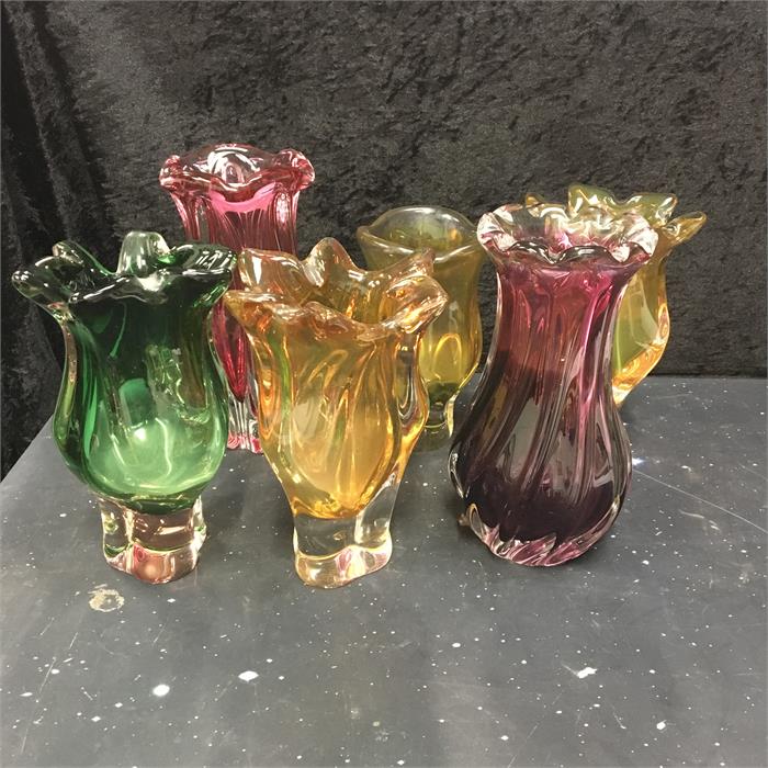 Six various items of coloured free form glass 60's-70's some murano.