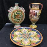 Three pieces of Italian pottery.