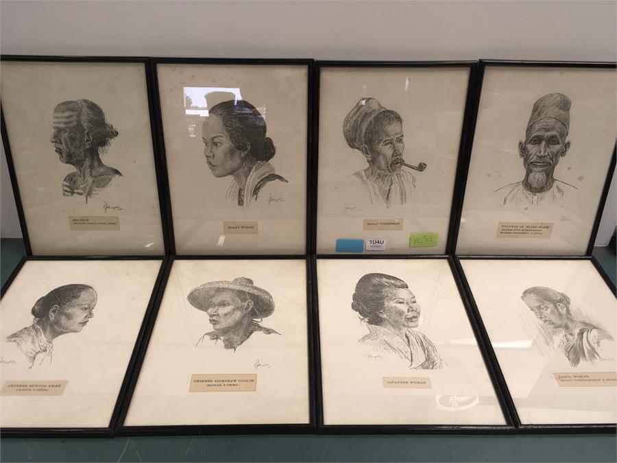 A set of 15 framed and glazed prints of African pencil portraits. 3 are unglazed.