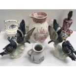 A collection of china items to include lamp, 2 Jugs, kettle and 2 sets of love birds.