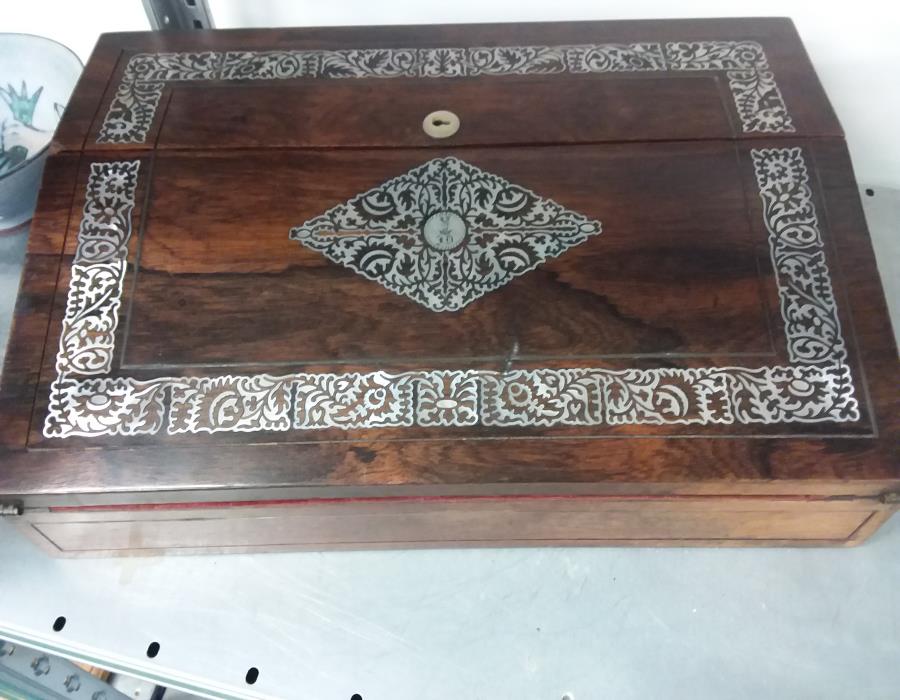 A 19th century rosewood and mother of pearl inlaid writing slope with fitted interior (no