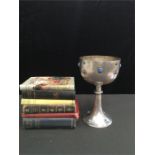 A mixed lot of books, calendars and other ephemera together with a large nickel ceremonial chalice.