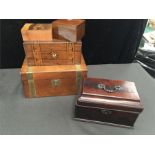 A collection of boxes including a 19th century writing slope and a Tunbridge Ware sewing box.