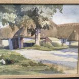 Three watercolours (The Old Barn, Minster Lovell, Oxen by Alben F T Atkins, Waterfall Scape,