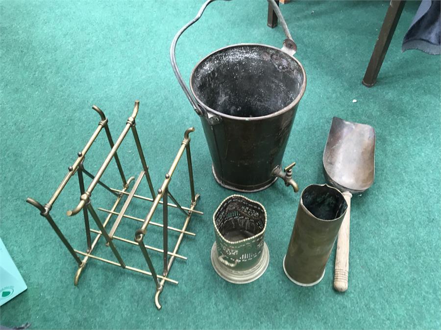 A Buckley & Bead of Chelsea copper and brass bar filter together with a copper coal shovel, brass