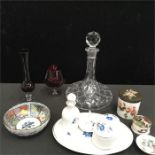 A ship's decanter, two pieces of Ruby glass, a dressing table set and four other items.
