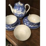 A blue and white china tea set: Teapot, sugar, 2 cups and 2 saucers.