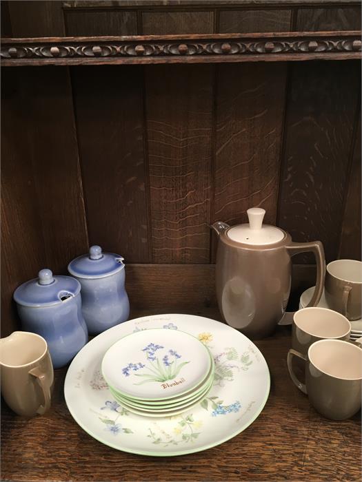 Various Branksome pottery items: two preserve pots, wildflower dishes and a large plate, coffee pot,