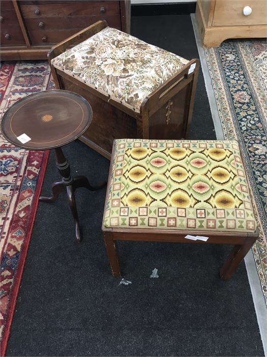 A mahogany satinwood inlaid pedestal wine table together with a Georgian designed stool with