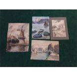 Four small unframed watercolour paintings. Three signed by Sydney Carter.