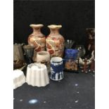 A mixture of china glass etc., Wedgewood, Cornish tin, jelly moulds etc.