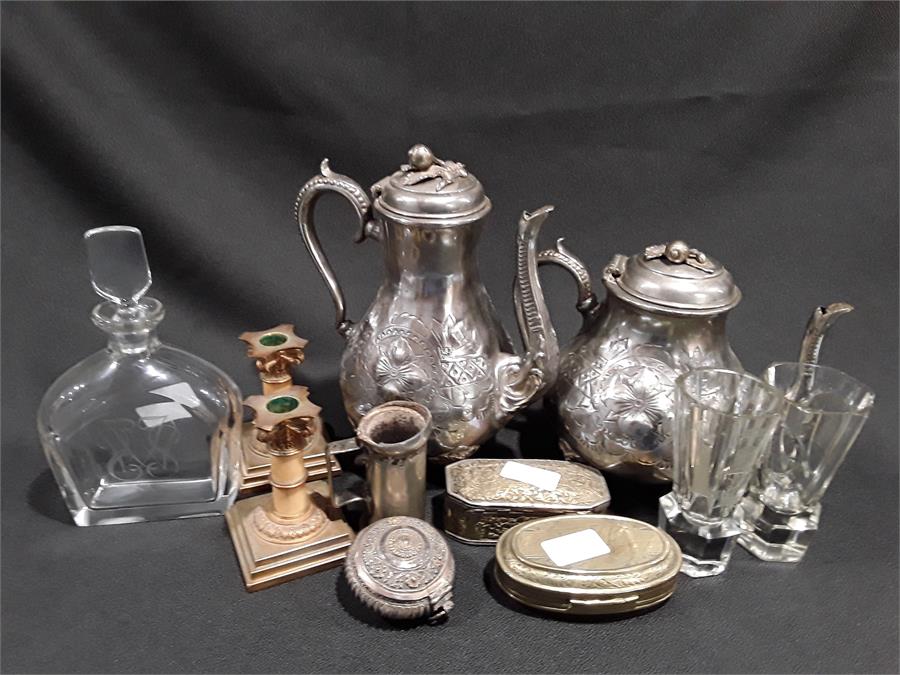 Mixed metalware and glass to include two silver plated jugs, decorative brass, signed glass decanter