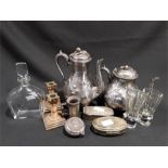 Mixed metalware and glass to include two silver plated jugs, decorative brass, signed glass decanter