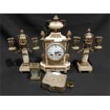 A French style marble mantle clock with brass decoration together with two matching candlesticks,