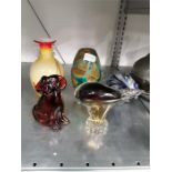 Five pieces of coloured glass to include two vases and three animals.