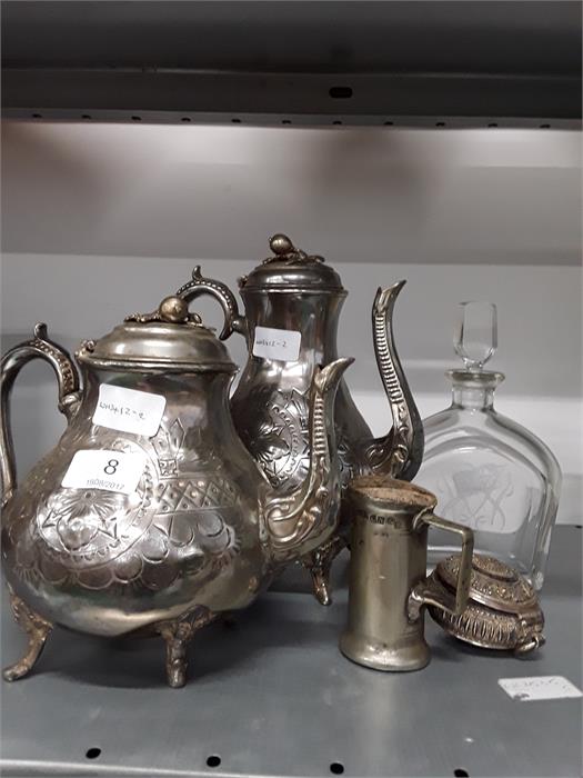 Mixed metalware and glass to include two silver plated jugs, decorative brass, signed glass decanter - Image 2 of 2