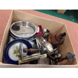 A box of collectables to include silver plate, china, glassware etc.