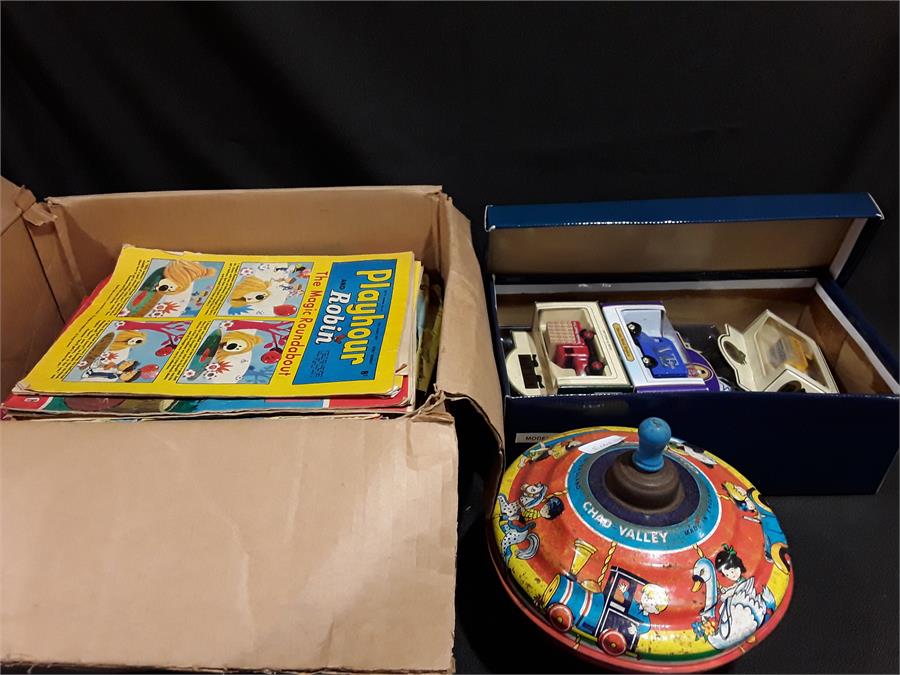 A Vintage tinplate Chad Valley spinning top together with a box of diecast cars and a box of