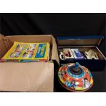 A Vintage tinplate Chad Valley spinning top together with a box of diecast cars and a box of