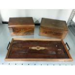 Two small wooden boxes together with a twin handled wooden tray.