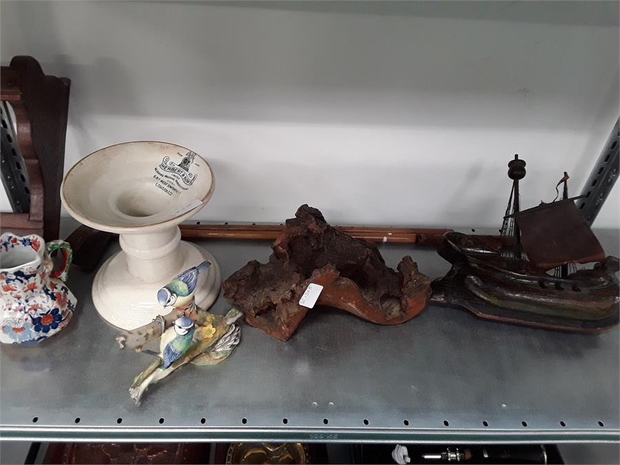 Two vintage golf clubs, a Victorian ham stand, a wooden ship, china and other collectables.