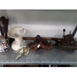 Two vintage golf clubs, a Victorian ham stand, a wooden ship, china and other collectables.