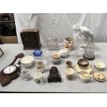 Mixed selection of chinaware along with a clock and aneroid barometer.