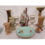 Various items to include plates, urns, a brass vase and others together with a oriental figure.