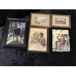 Five pictures including a pair of 19th century watercolours (5" x 3"),of rural landscape a