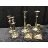 Two pairs of silver plated candlesticks, one Victorian and a pair of copper and brass overlaid